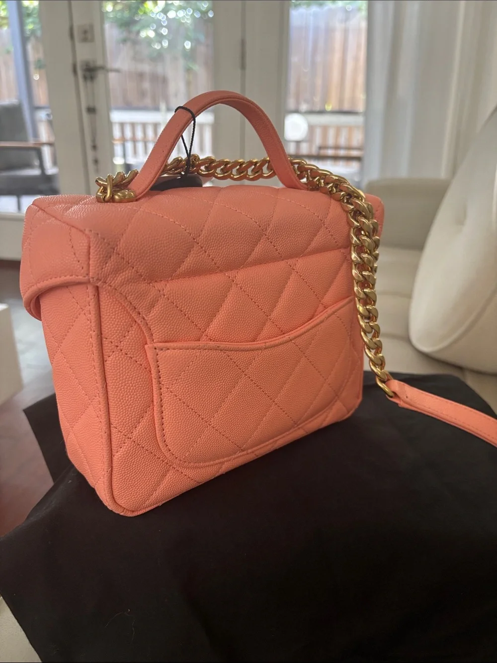 CHANEL Coral Pink Quilted Mini Top Handle Bag with Gold Hardware